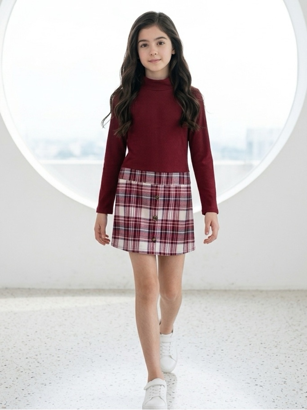 GUC - Knitworks Girls Red Maroon Cream Plaid Long Sleeve Dress - Size Large/14